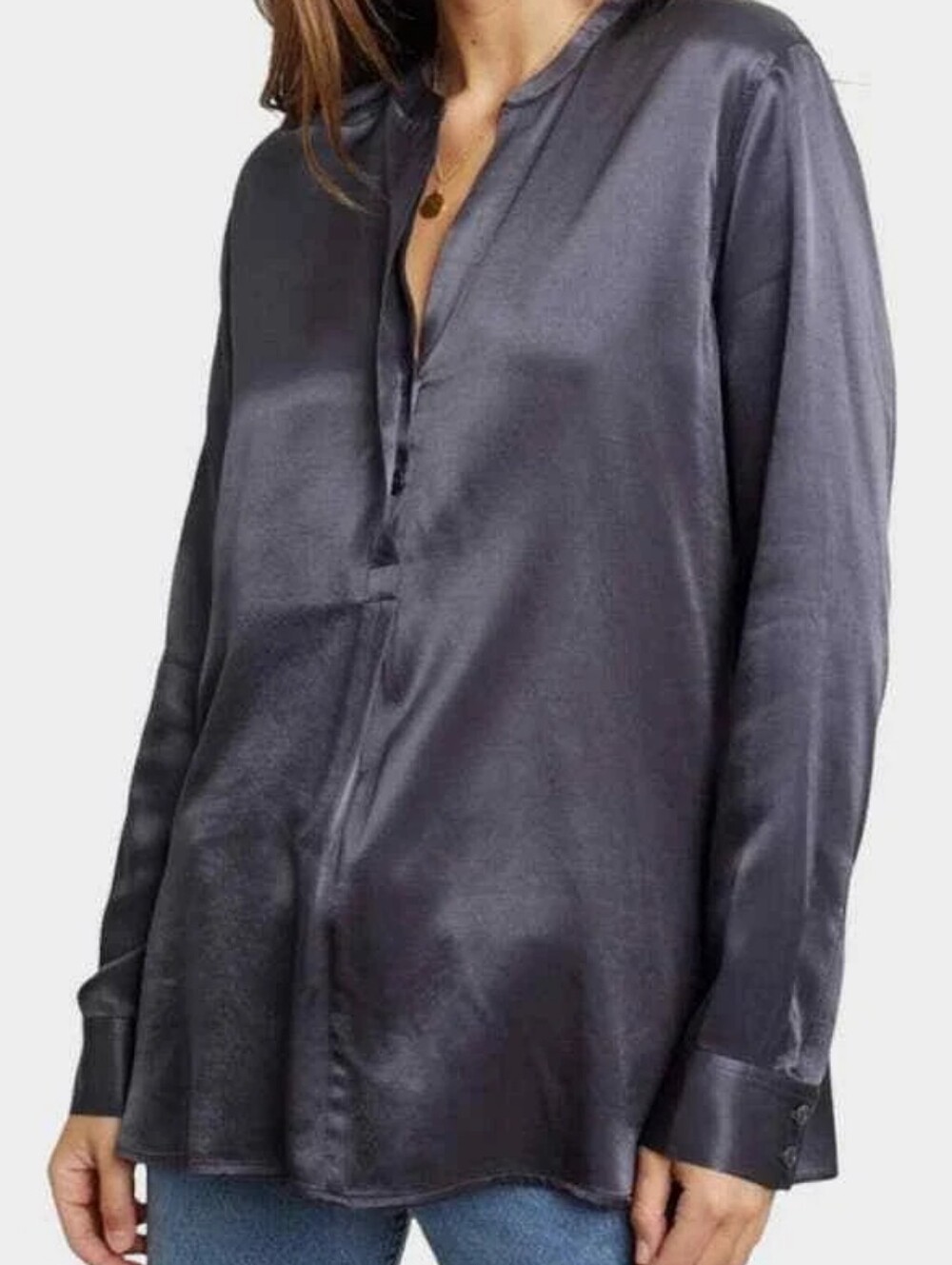 Rails Reiss Satin Popover Top Half Button Long Sleeve Pearl Slate Gray Size L